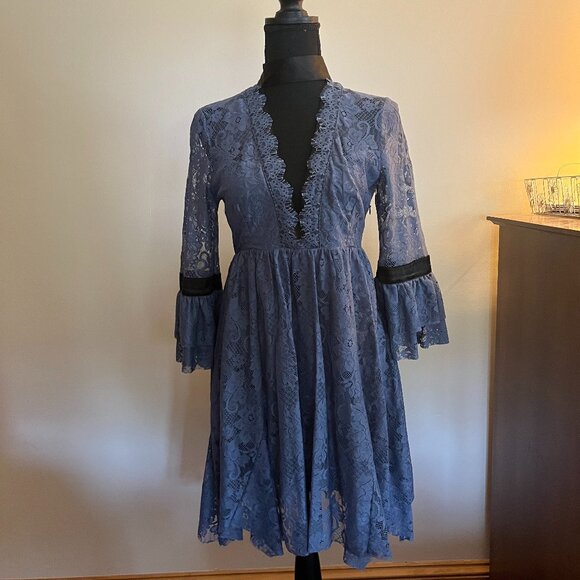 Free People Gilded Lace Blue & Black Mini Dress - Picture 1 of 10